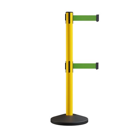 MONTOUR LINE Retractable Dbl Belt Rolling Stanchion, 2.5in YW Post  11' Green Belt MS630D-YW-GN-110